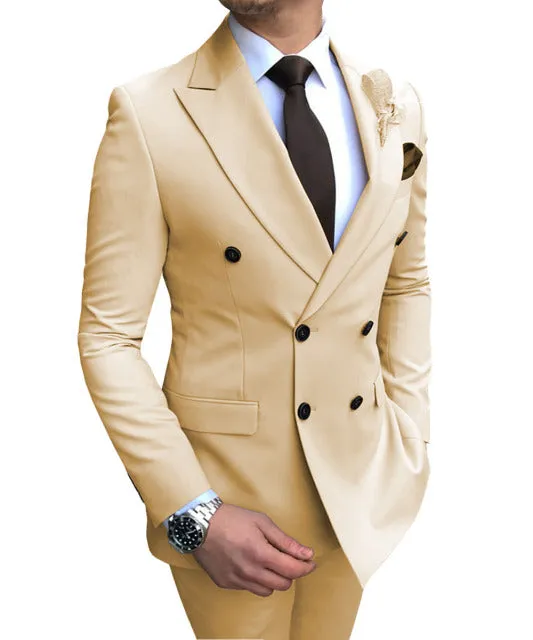 Beige  Suit 2 Pieces Double-Breasted Notch Lapel Flat Slim Fit Casual Tuxedos (Blazer Pants)