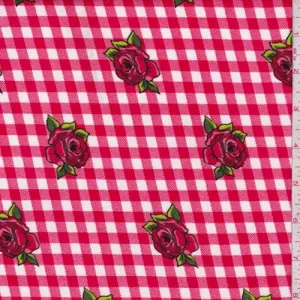 Berry/White Floral Check Double Brushed Jersey Knit Fabric