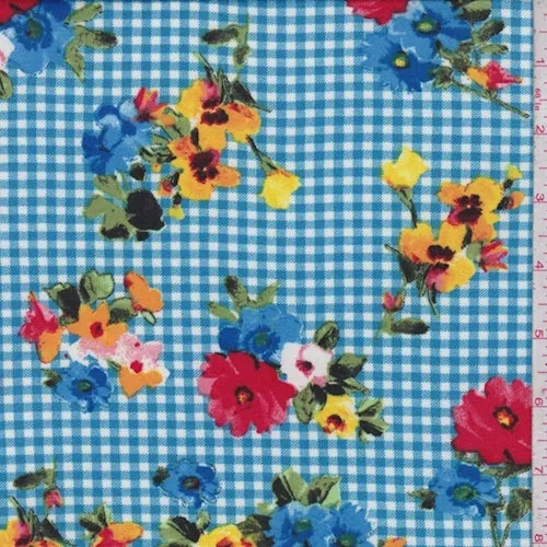 Blue Floral Check Double Brushed Jersey Knit Fabric