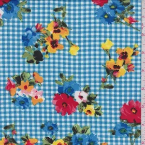 Blue Floral Check Double Brushed Jersey Knit Fabric