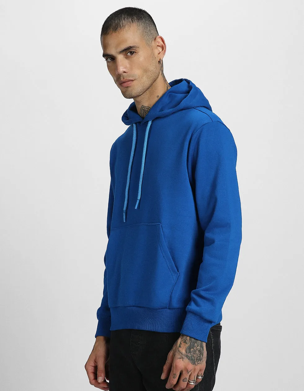 Blue Plain Regular Hoodie