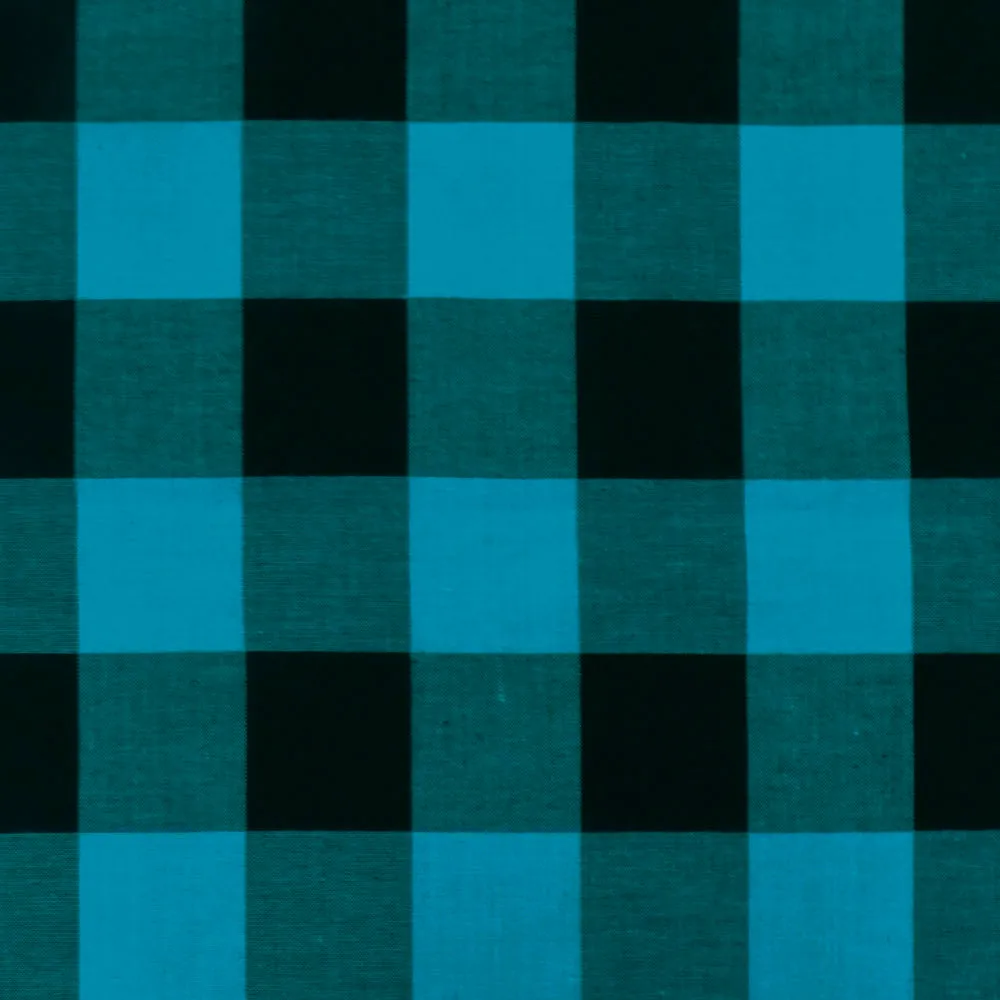 Bright Teal-Black Gingham Stretch Cotton Woven Fabric