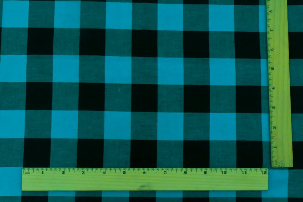 Bright Teal-Black Gingham Stretch Cotton Woven Fabric