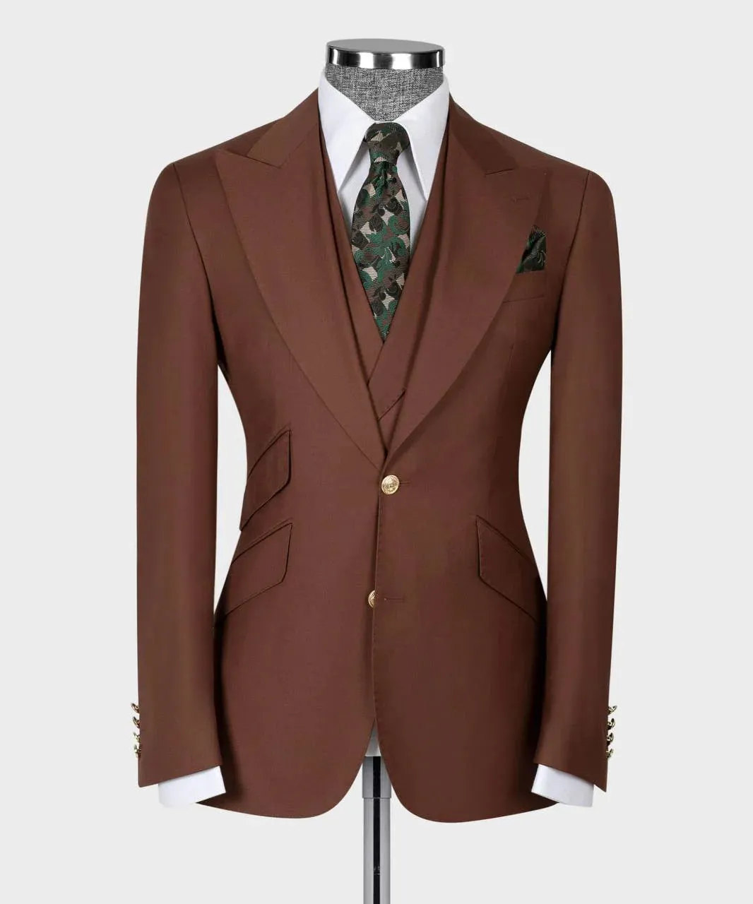 Classic Brown Wool Suit with Gold Button