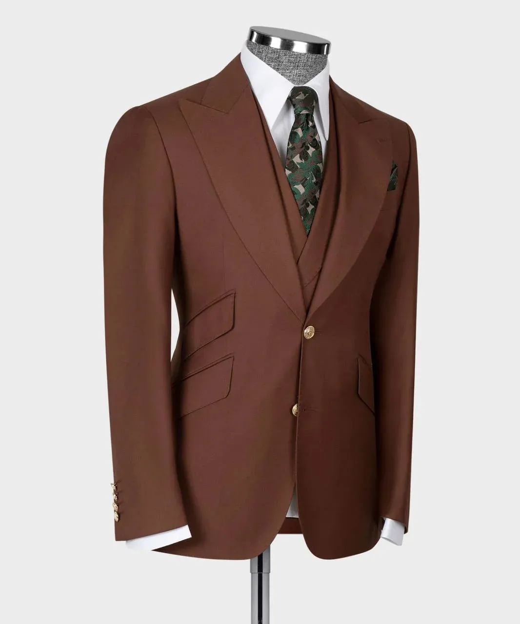 Classic Brown Wool Suit with Gold Button