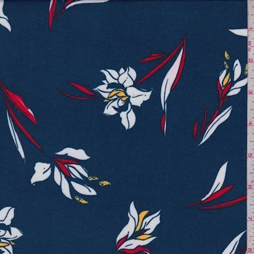 Dark Blue/White Modern Floral Double Brushed Jersey Knit Fabric