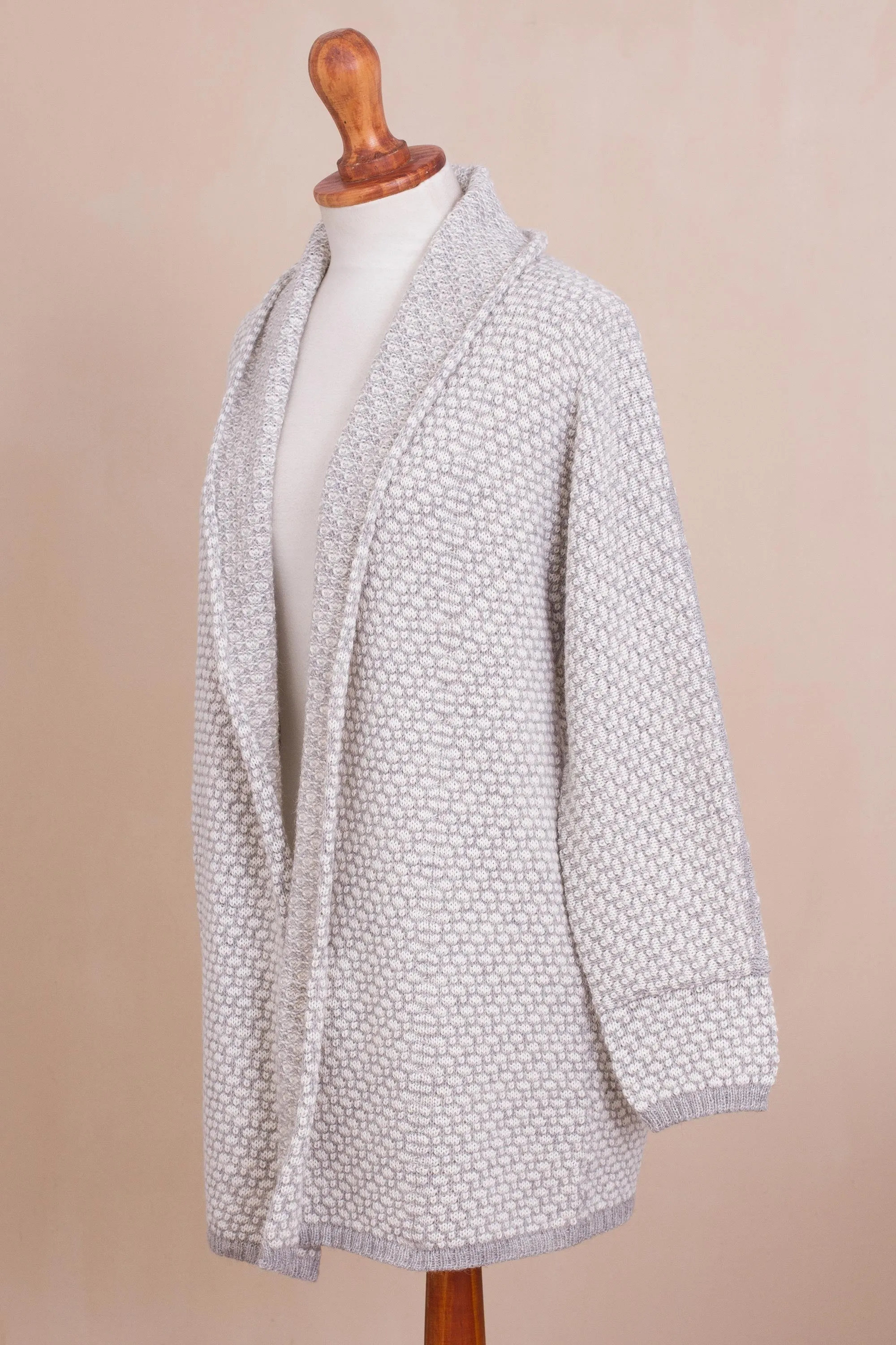 Dove Down Off-White and Grey Alpaca Blend Relaxed Fit Cardigan Sweater