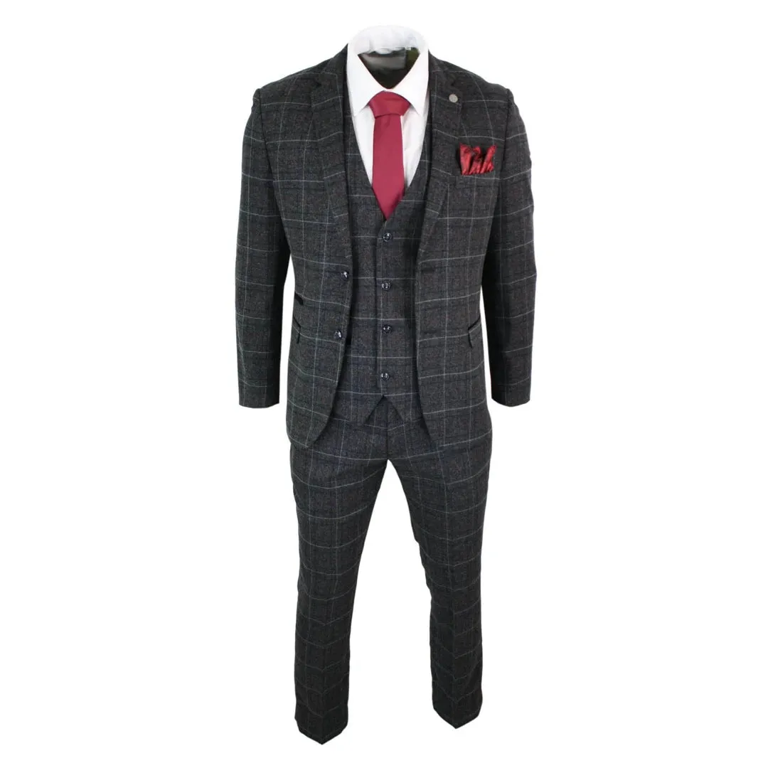 Harvey - Men's Grey Black 3 Piece Tweed Suit Herringbone Wine