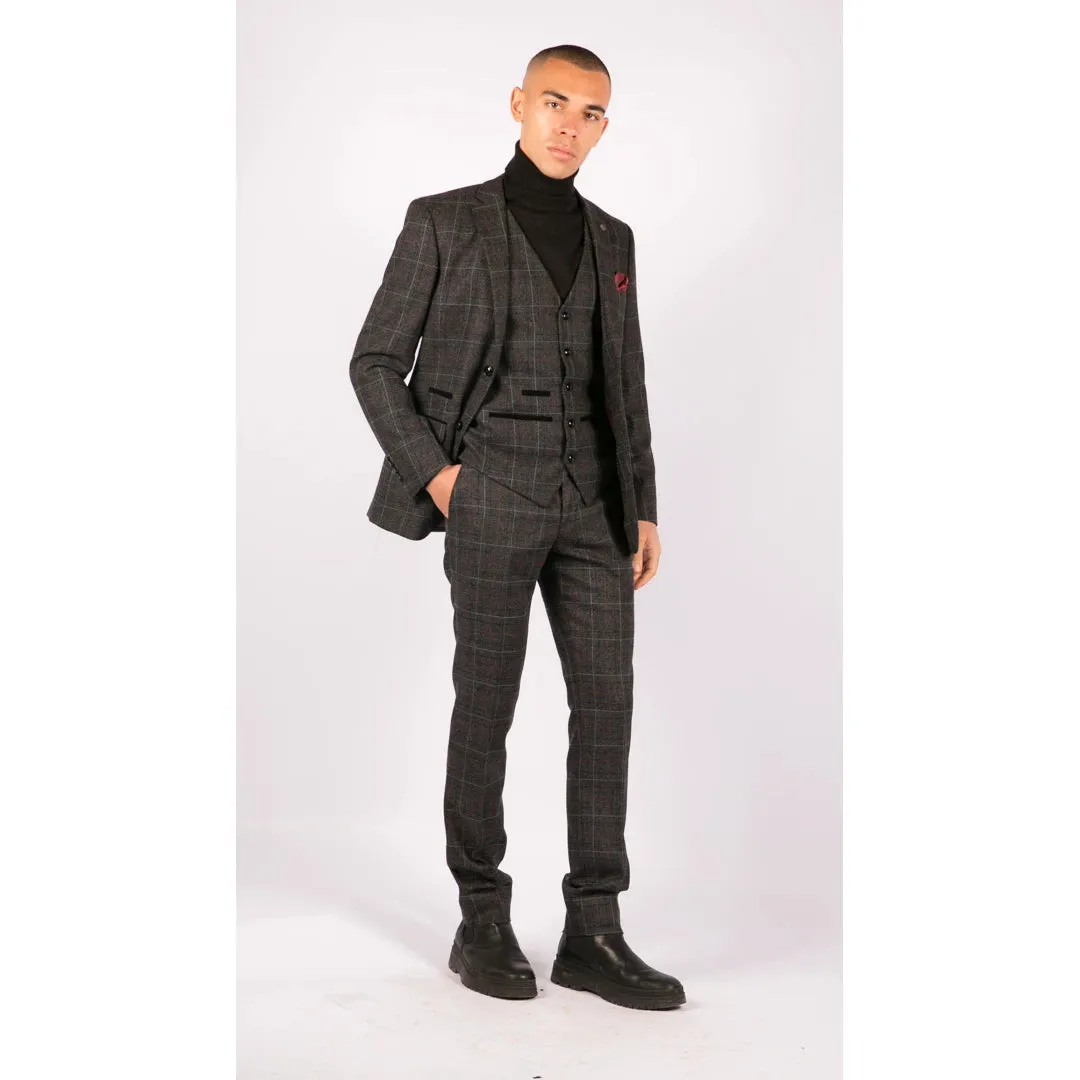 Harvey - Men's Grey Black 3 Piece Tweed Suit Herringbone Wine