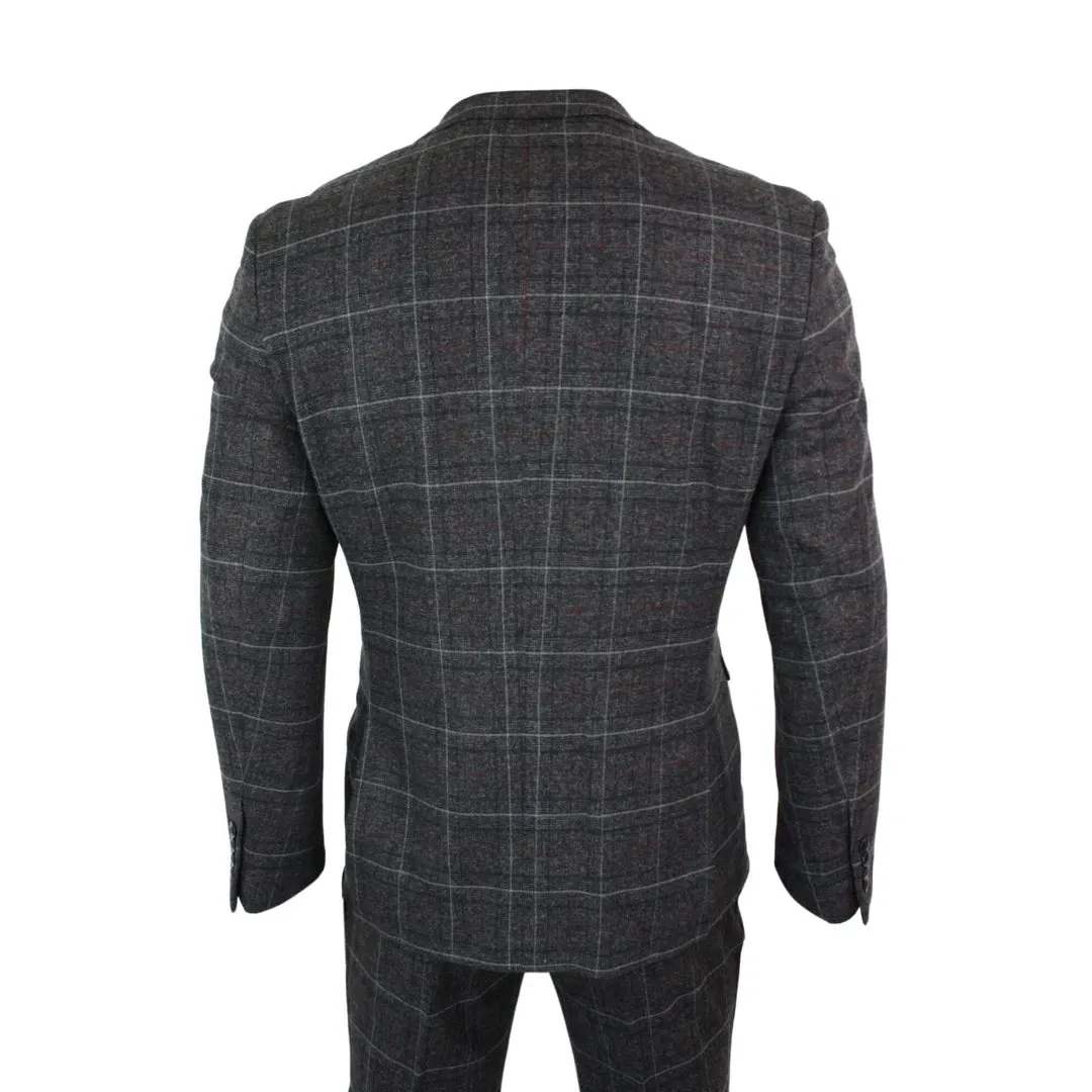 Harvey - Men's Grey Black 3 Piece Tweed Suit Herringbone Wine