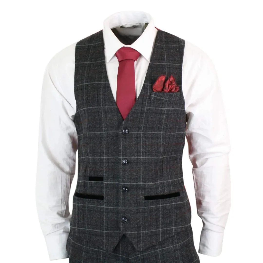 Harvey - Men's Grey Black 3 Piece Tweed Suit Herringbone Wine