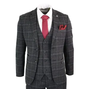 Harvey - Men's Grey Black 3 Piece Tweed Suit Herringbone Wine