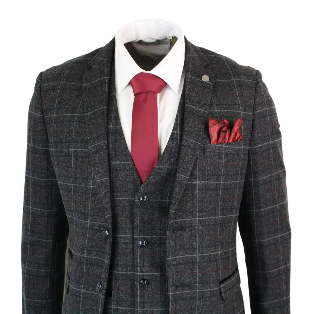 Harvey - Men's Grey Black 3 Piece Tweed Suit Herringbone Wine