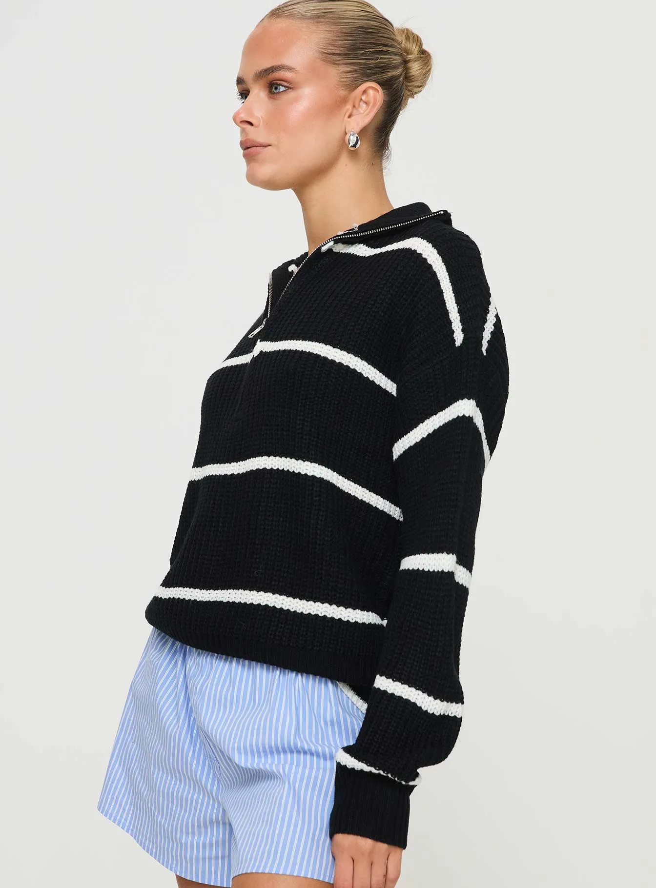 Lilliunna Quarter Zip Front Sweater Black / White Stripe