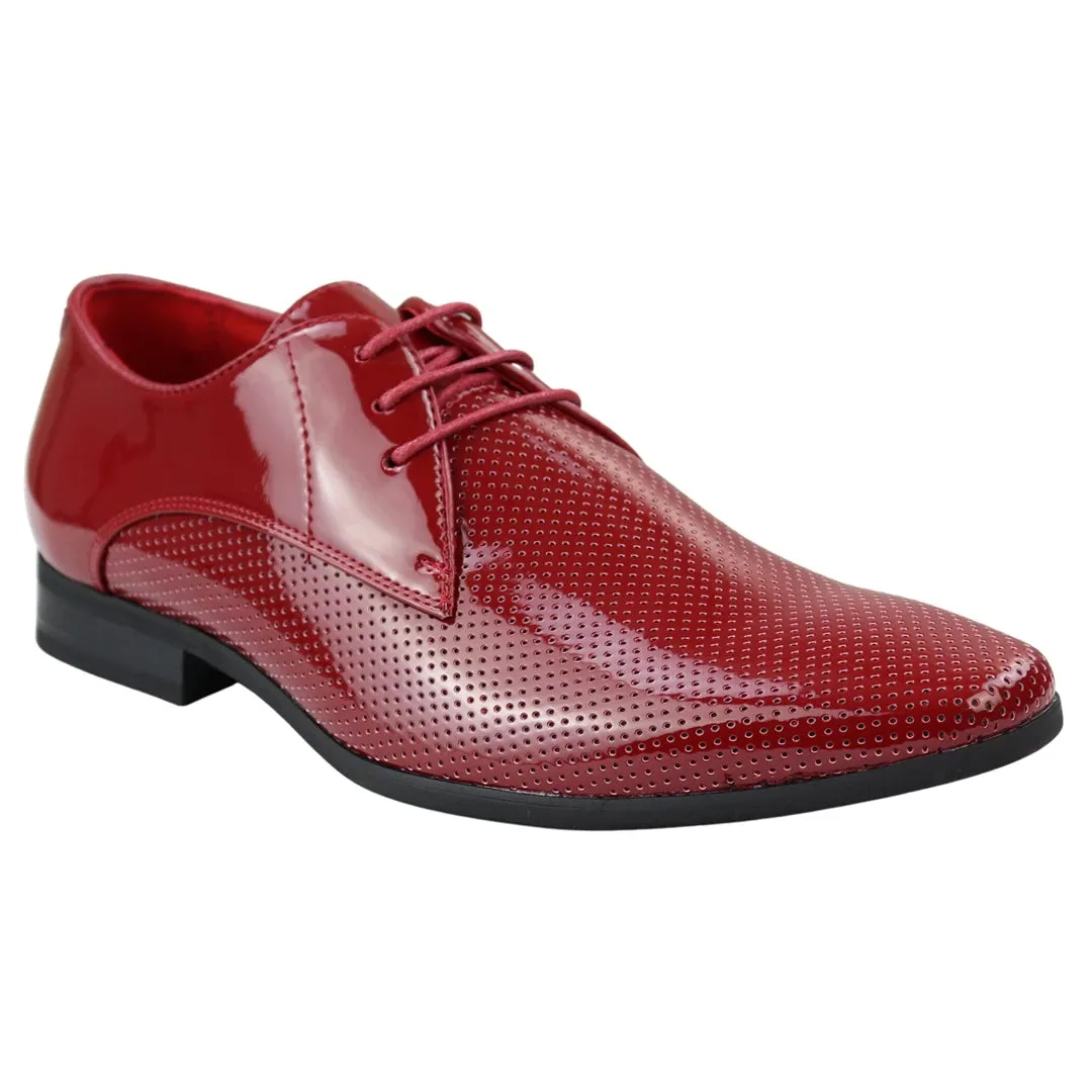 Mens Shoes Smart Formal Perforated Pointed Laced Black Red White Patent Leather PU