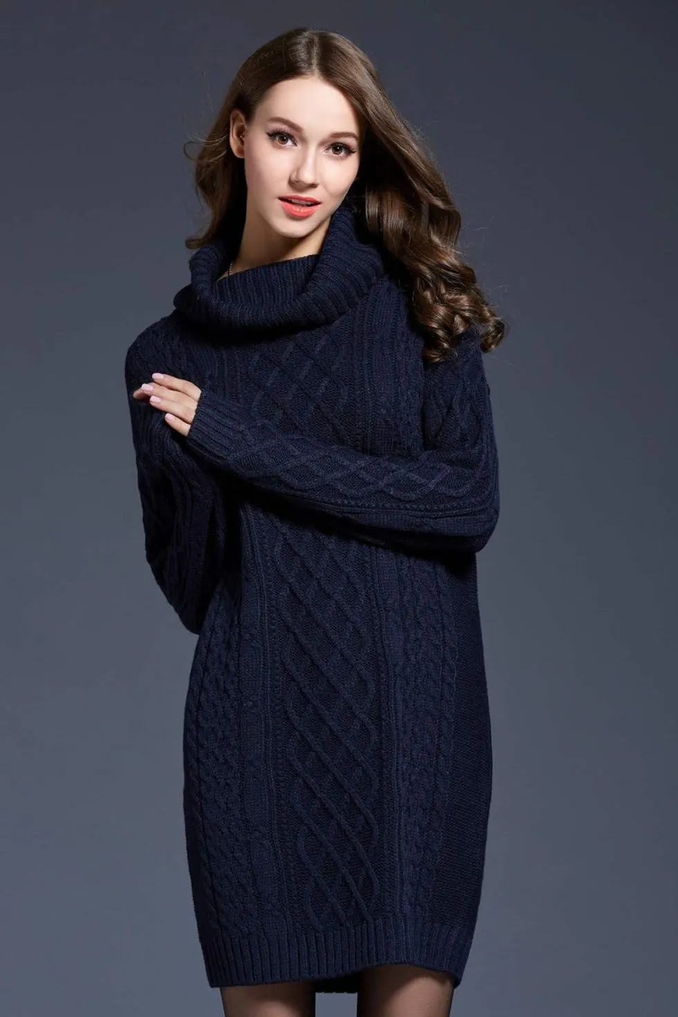 Mixed Knit Cowl Neck Dropped Shoulder Sweater Dress