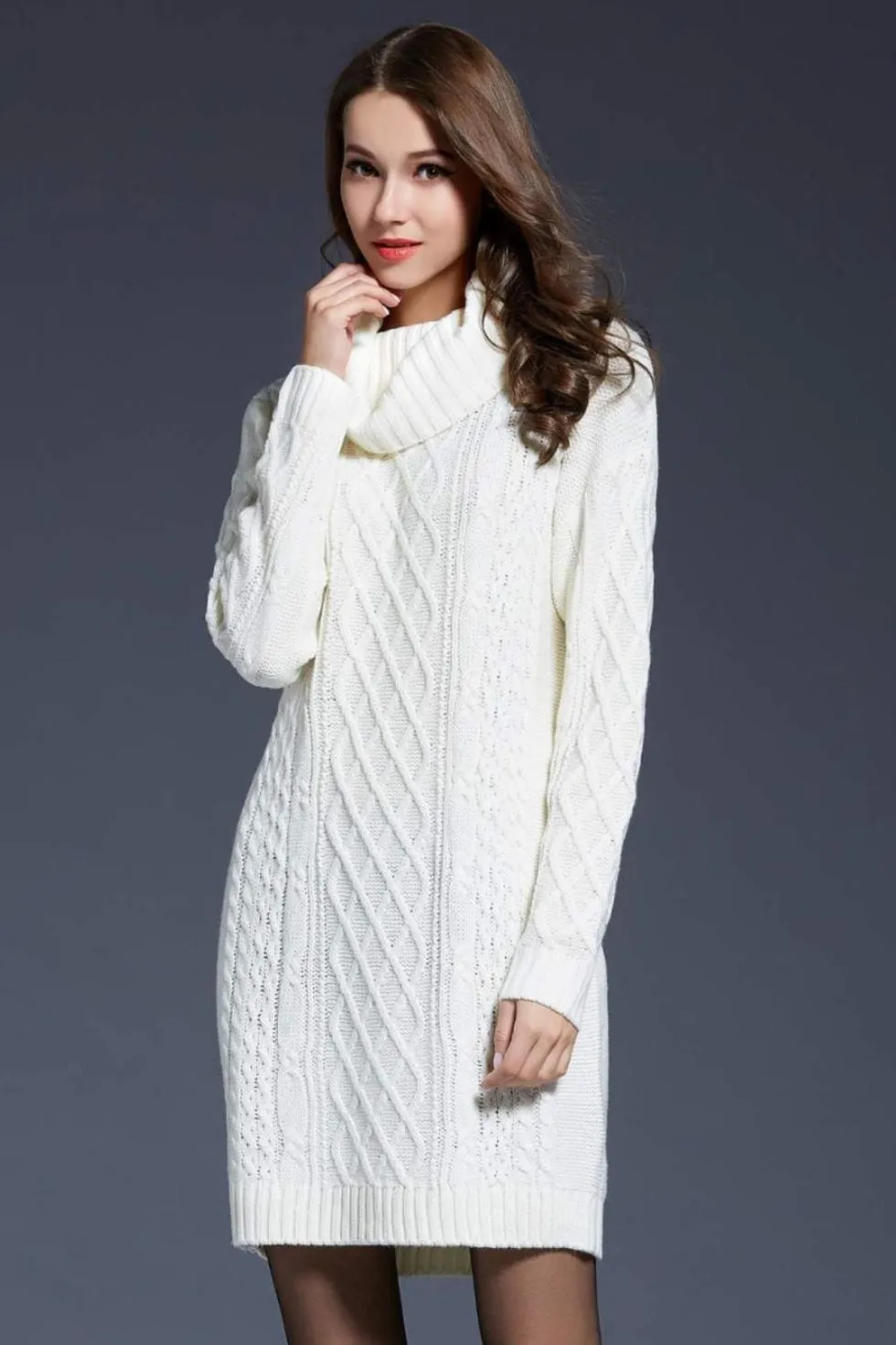 Mixed Knit Cowl Neck Dropped Shoulder Sweater Dress