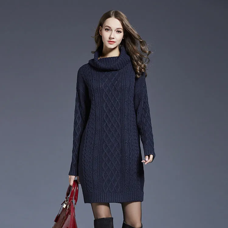 Mixed Knit Cowl Neck Dropped Shoulder Sweater Dress