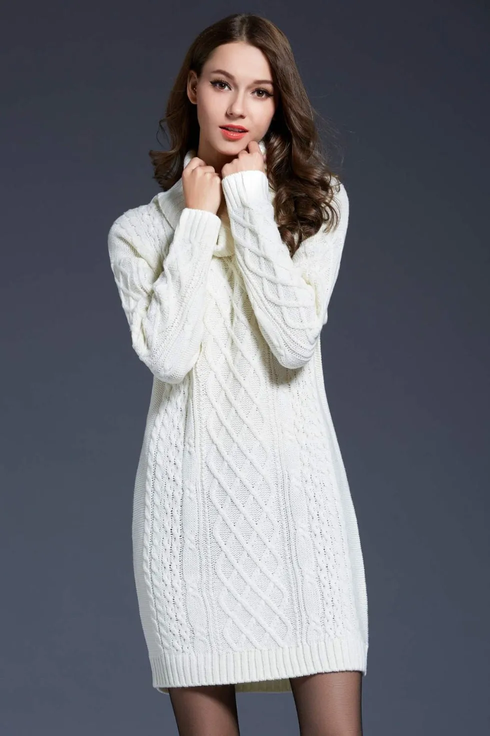 Mixed Knit Cowl Neck Dropped Shoulder Sweater Dress