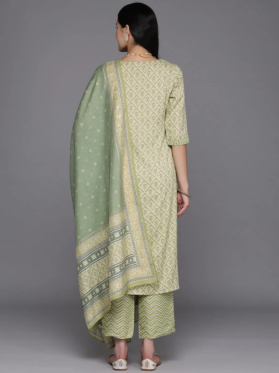 Olive Printed Rayon Straight Kurta With Trousers & Dupatta