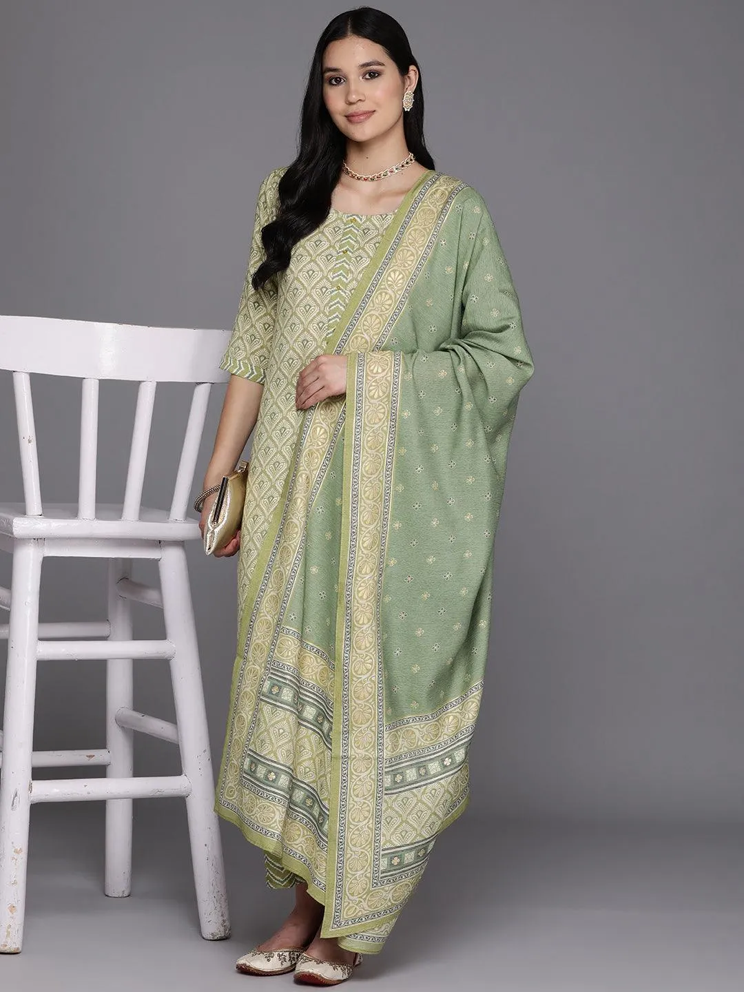 Olive Printed Rayon Straight Kurta With Trousers & Dupatta