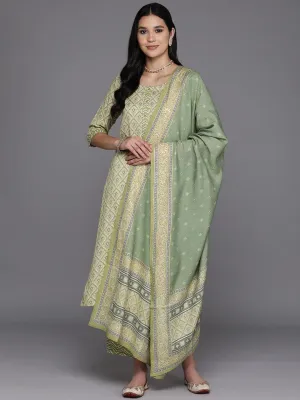 Olive Printed Rayon Straight Kurta With Trousers & Dupatta