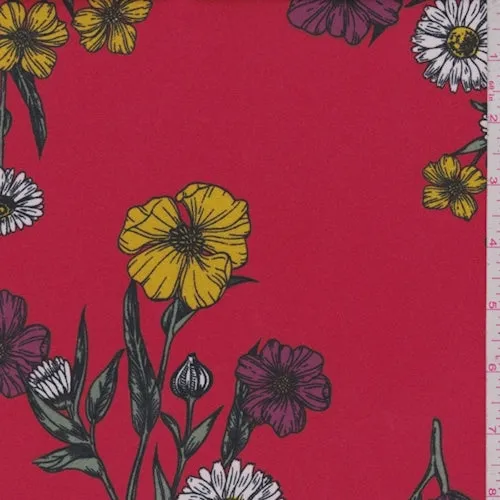 Red Daisy Floral Double Brushed Jersey Knit Fabric