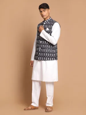 VASTRAMAY Black & White Nehru Jacket Kurta