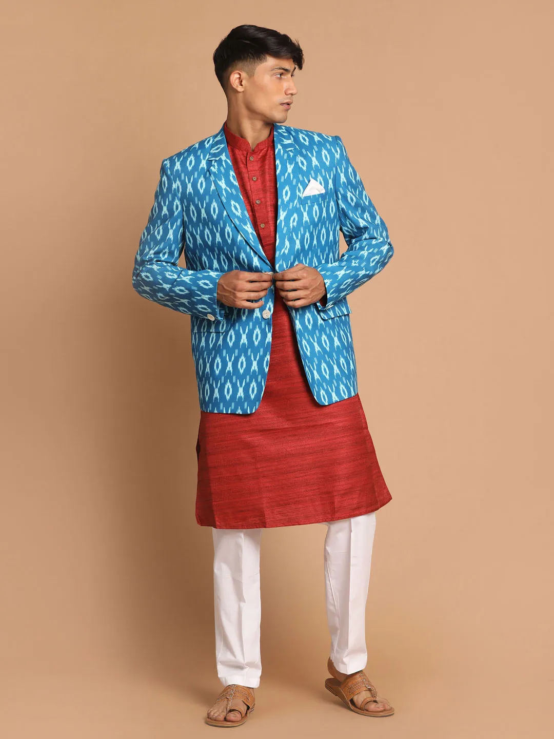 VASTRAMAY Blue Ikkat Blazer and Kurta Set