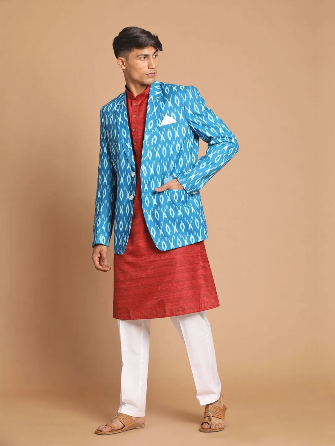 VASTRAMAY Blue Ikkat Blazer and Kurta Set