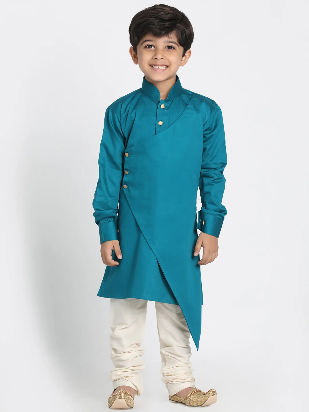 Vastramay Cotton Satin Blend Turquoise and Cream Baap Beta Kurta Pyjama Set