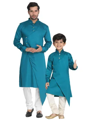 Vastramay Cotton Satin Blend Turquoise and Cream Baap Beta Kurta Pyjama Set