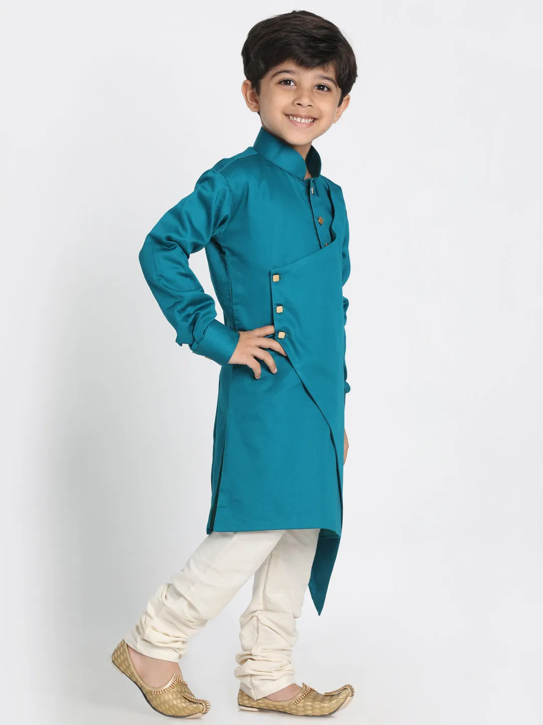 Vastramay Cotton Satin Blend Turquoise and Cream Baap Beta Kurta Pyjama Set