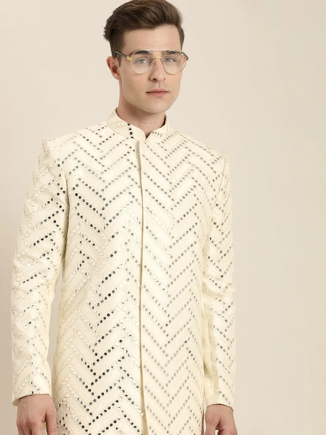 Vastramay Cream Mirror Indo Western Sherwani