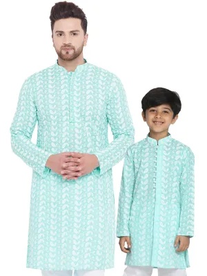 VASTRAMAY Green Pure Cotton Chikankari Kurta Blend Baap Beta Set