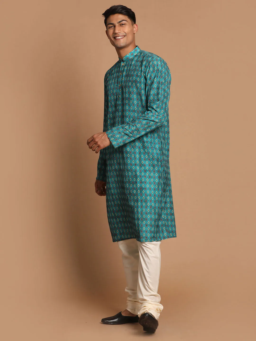 VASTRAMAY Green Silk Blend Ethnic Kurta Set