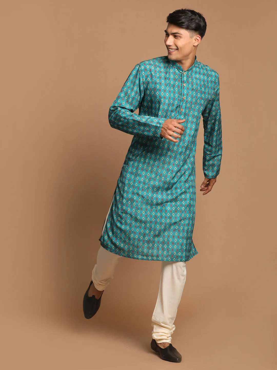 VASTRAMAY Green Silk Blend Ethnic Kurta Set