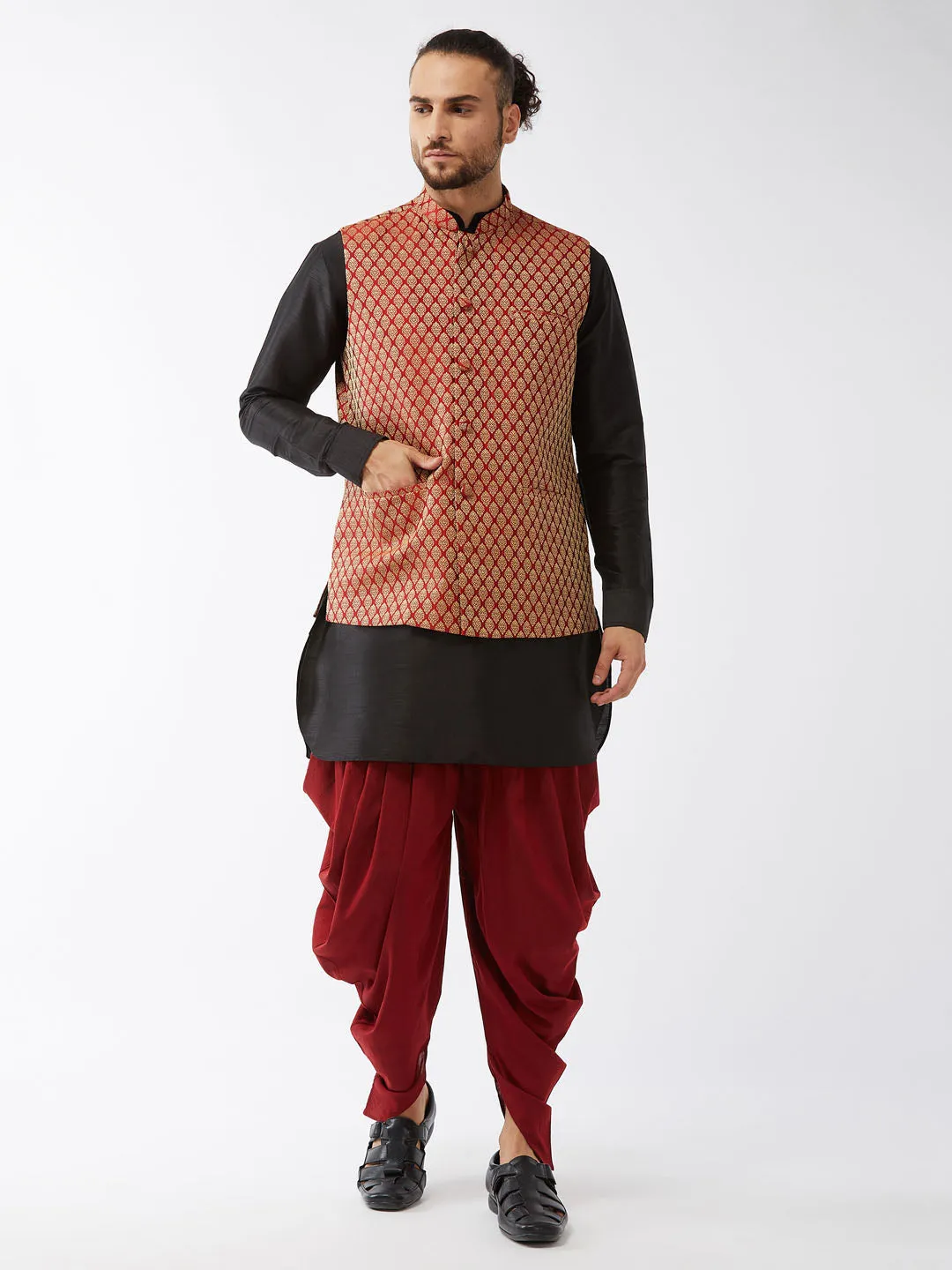 VASTRAMAY Maroon Banarasi Jacket with Black Silk Kurta Set