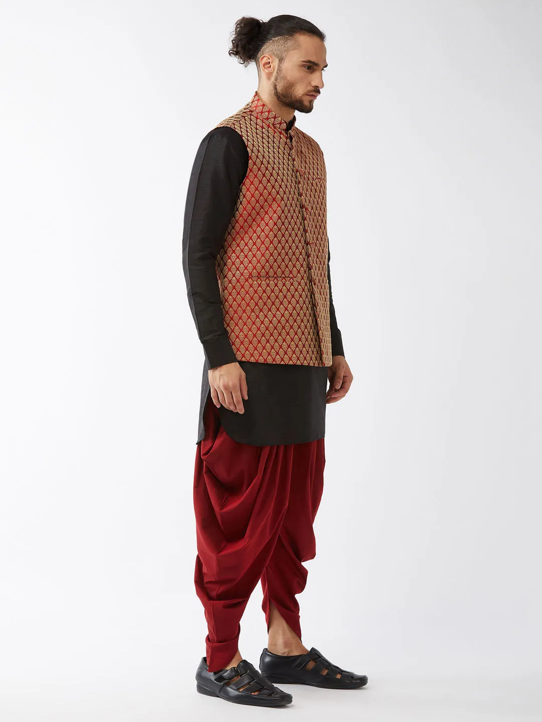 VASTRAMAY Maroon Banarasi Jacket with Black Silk Kurta Set