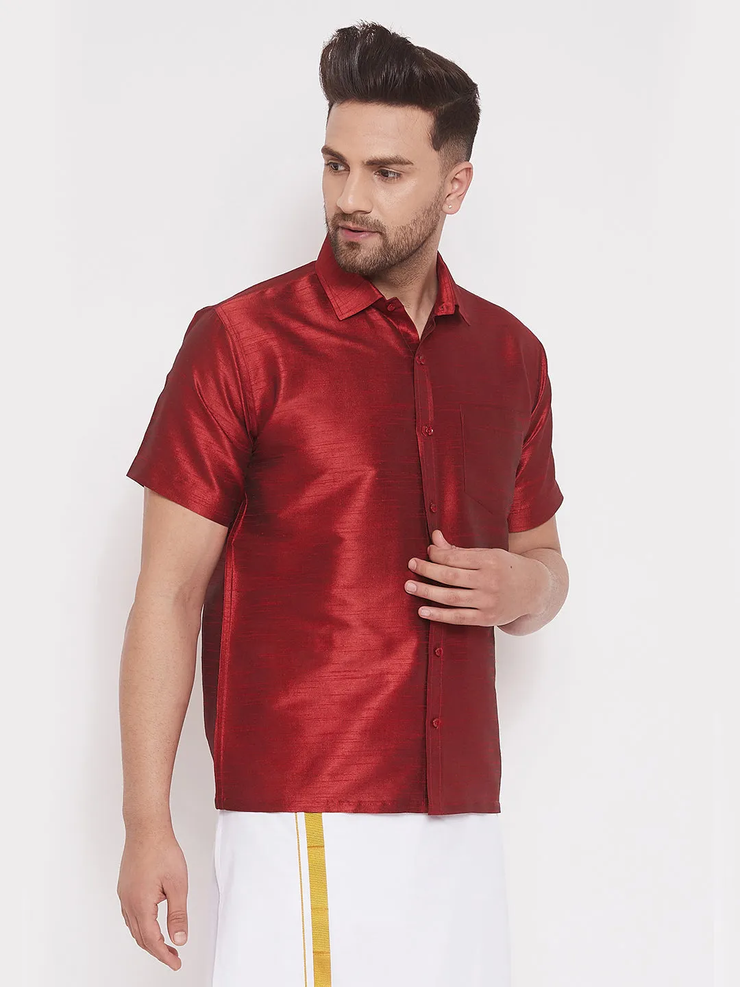 Vastramay Maroon Silk Blend Baap Beta Shirt set