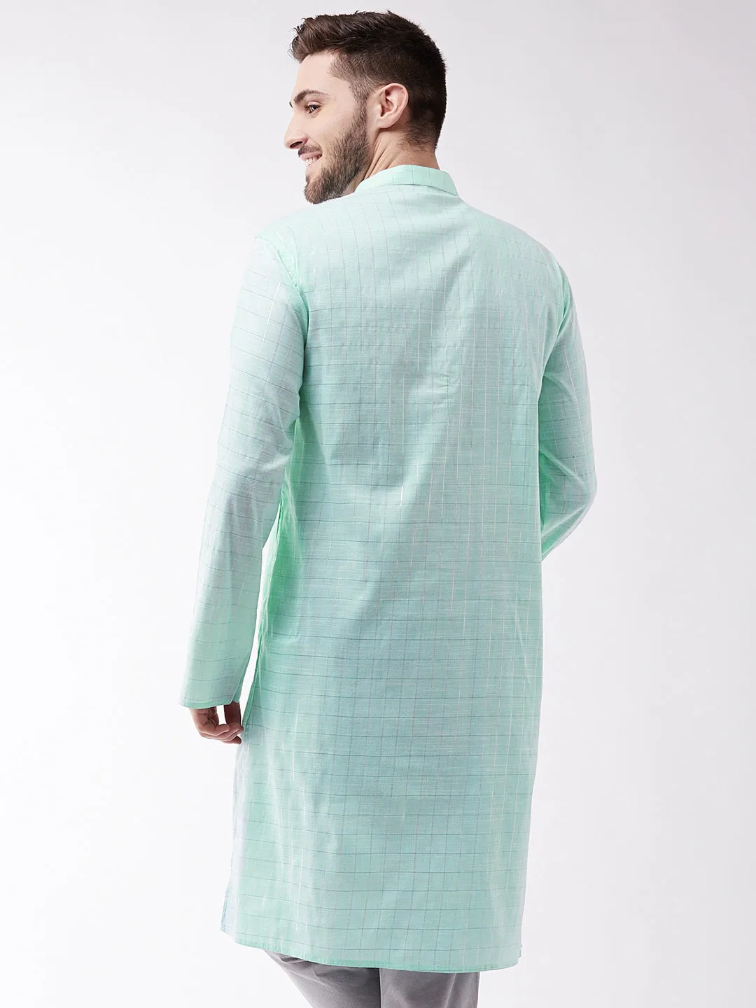 VASTRAMAY Men's Aqua Blue Cotton Blend Kurta