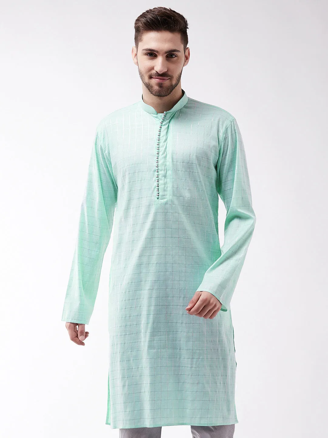 VASTRAMAY Men's Aqua Blue Cotton Blend Kurta