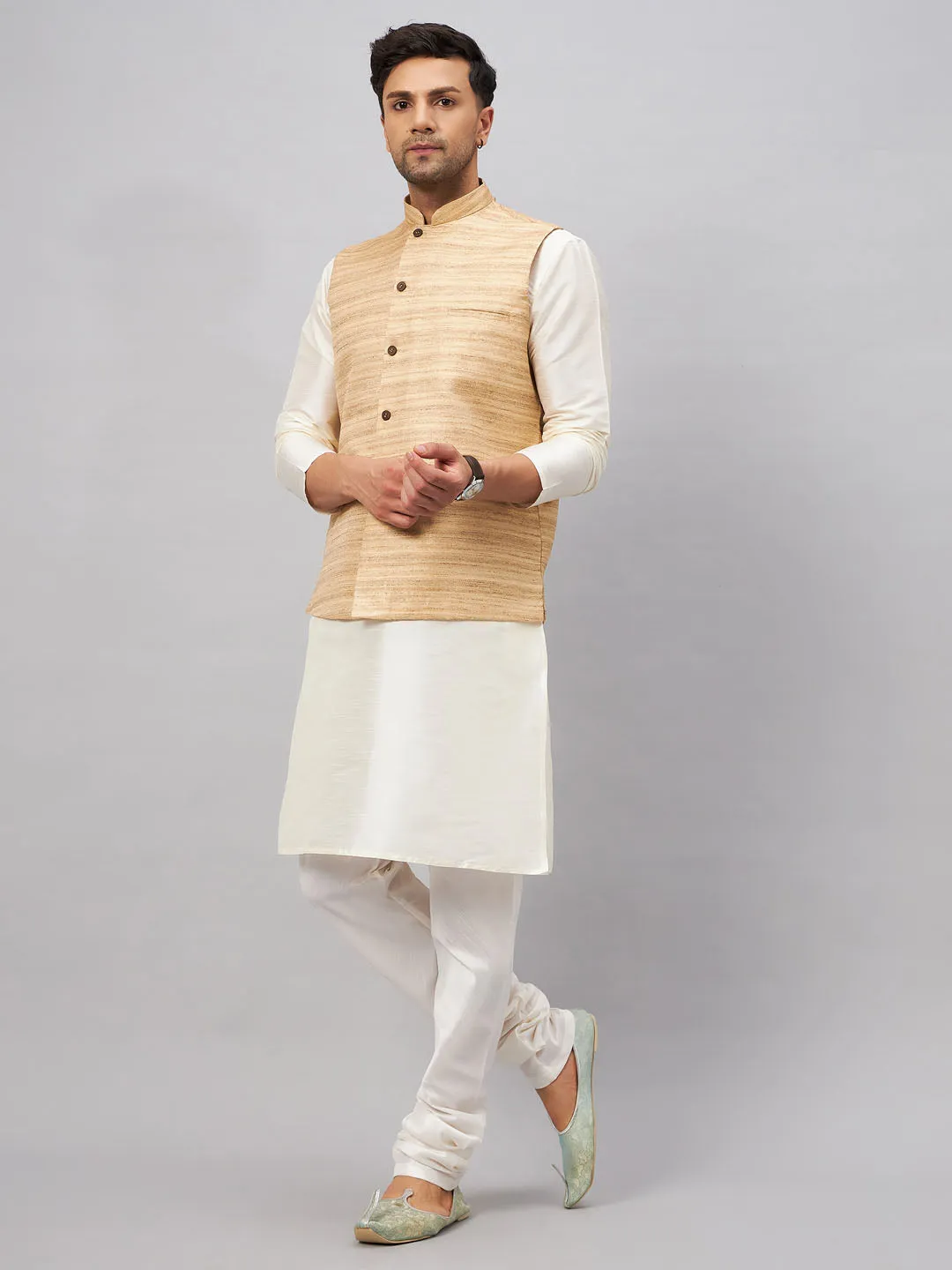 VASTRAMAY Men's Beige Silk Nehru Jacket Set