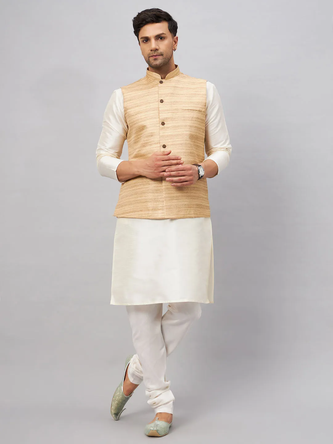 VASTRAMAY Men's Beige Silk Nehru Jacket Set