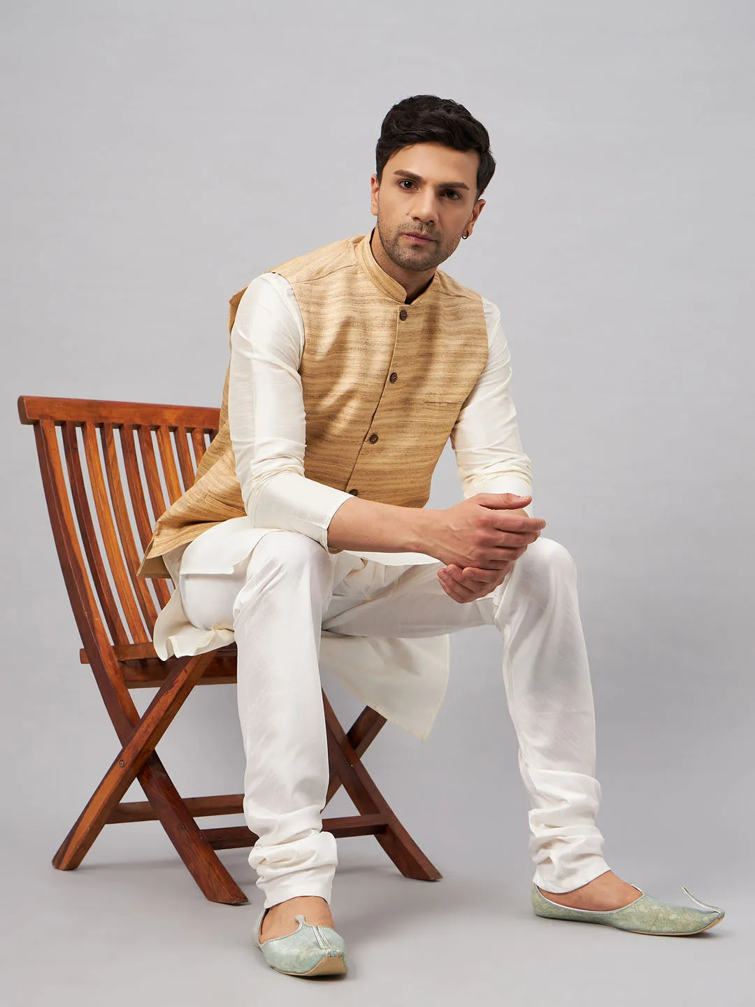 VASTRAMAY Men's Beige Silk Nehru Jacket Set