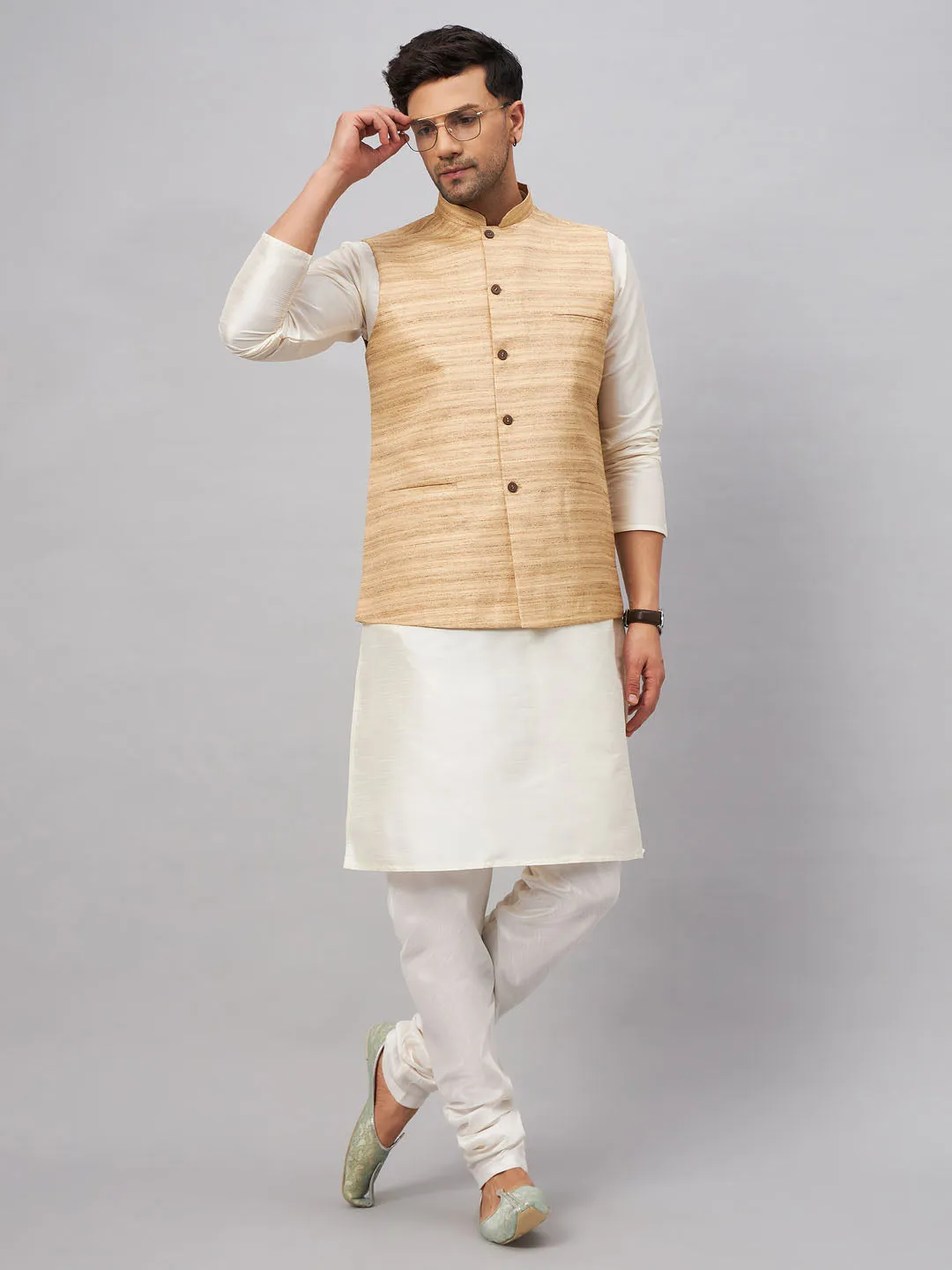 VASTRAMAY Men's Beige Silk Nehru Jacket Set