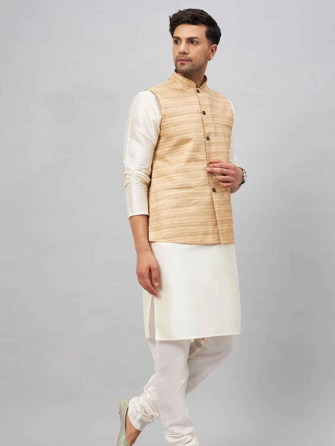 VASTRAMAY Men's Beige Silk Nehru Jacket Set