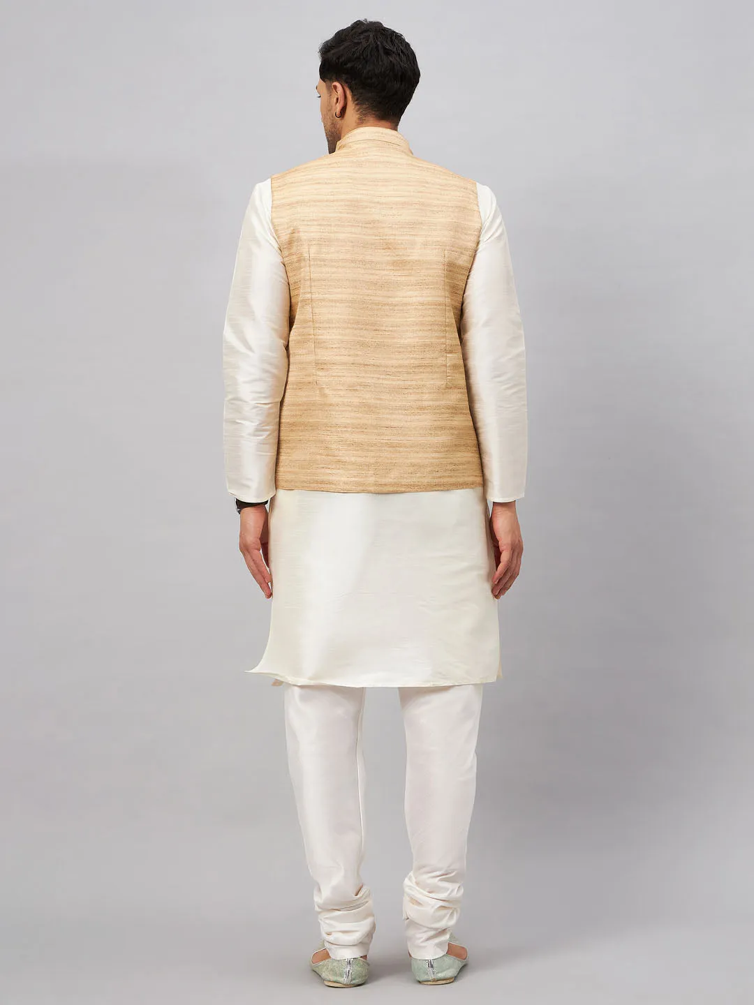 VASTRAMAY Men's Beige Silk Nehru Jacket Set