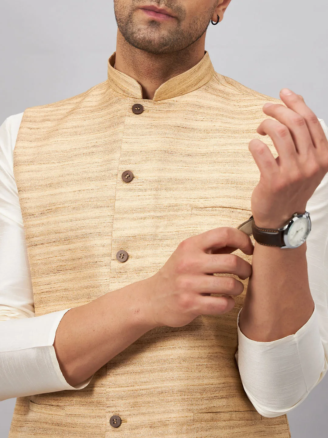 VASTRAMAY Men's Beige Silk Nehru Jacket Set