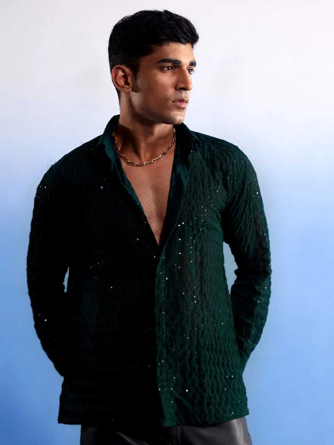 VASTRAMAY Men's Green Fancy Sequined Shirt